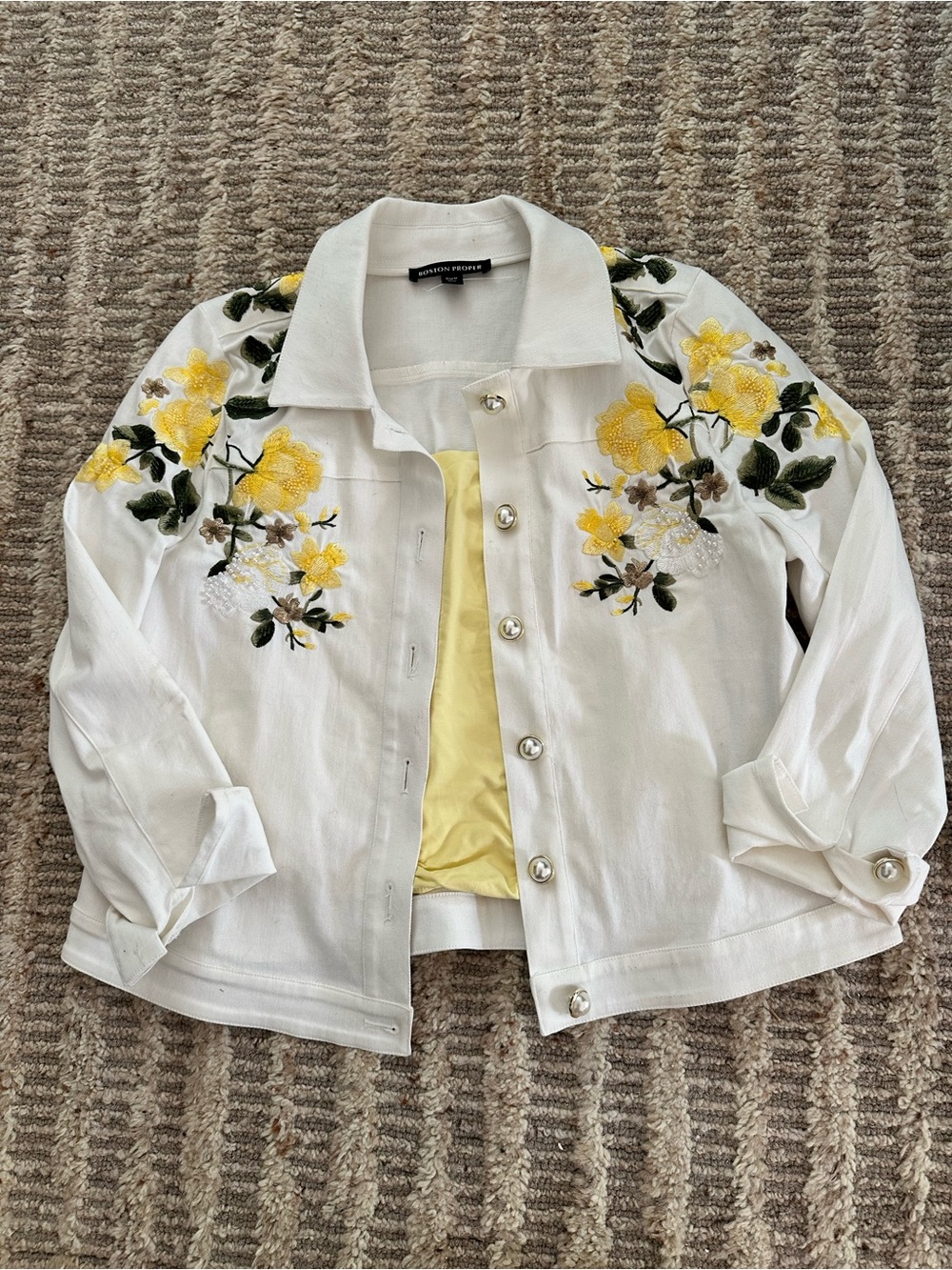 Boston Proper White Jean Jacket with Yellow Floral Embroidery